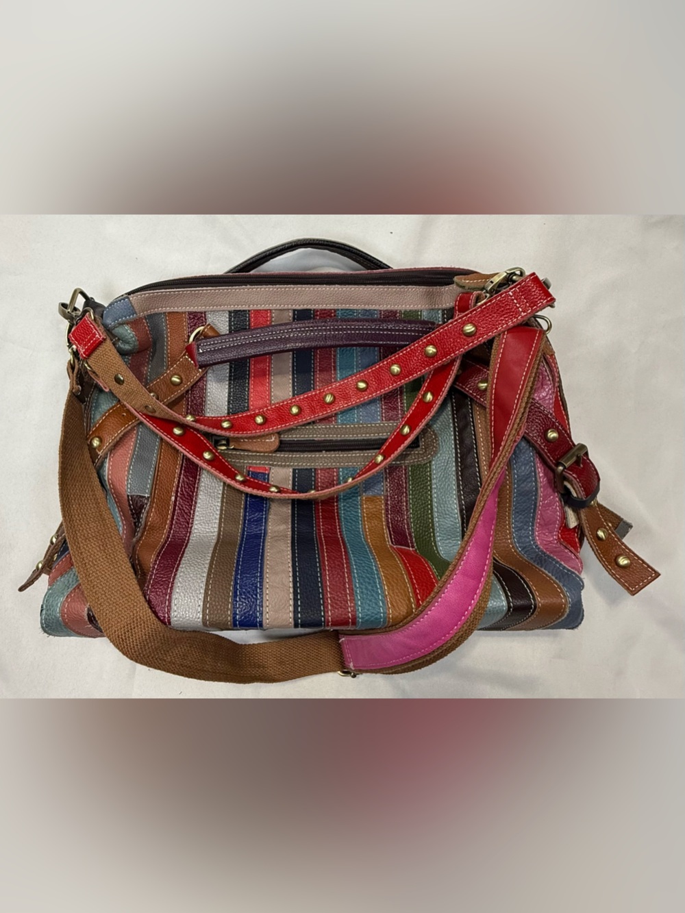 Colorful Striped Leather Shoulder Bag with Studded Strap - Picture 2 of 13